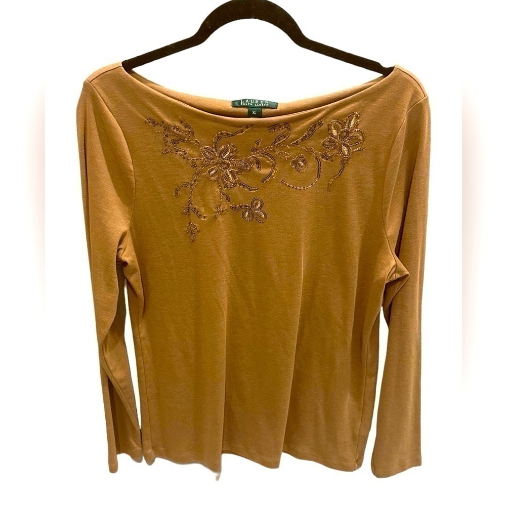 Lauren Ralph Lauren Top Women's XL Tan Brown Beaded Sequin Floral Long Sleeve